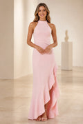 Graceprom soft pink halter ruffled slit sheath bridesmaid dress long gown front view