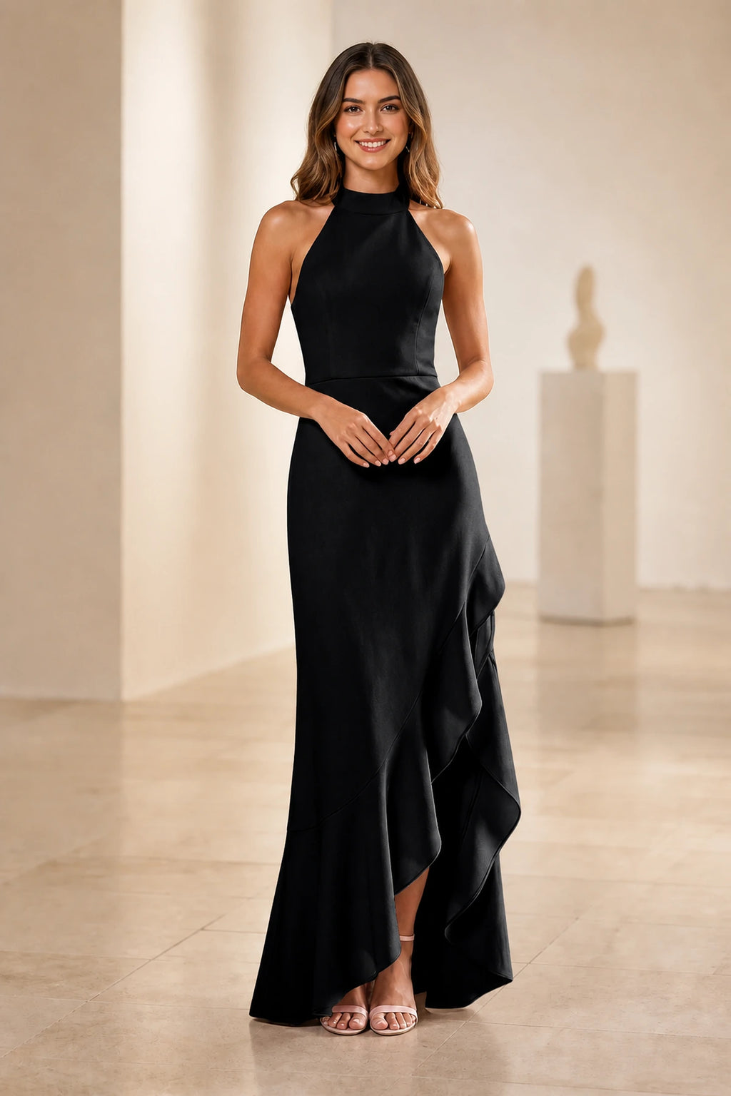 Soft Sheath Halter Sleeveless Open‑Back Ruffled Slit Long Bridesmaid Dress
