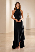 Soft Sheath Halter Sleeveless Open‑Back Ruffled Slit Long Bridesmaid Dress