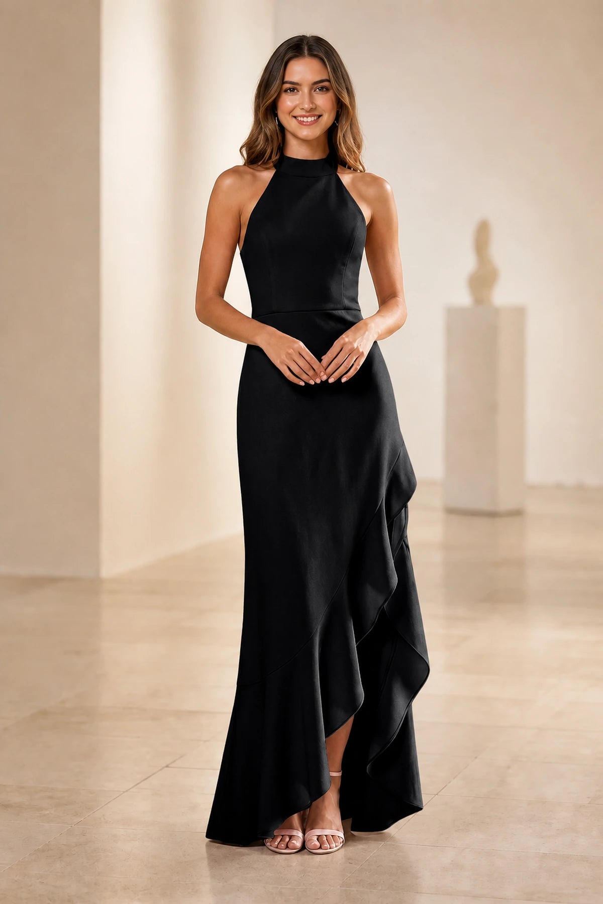 Soft Sheath Halter Sleeveless Open‑Back Ruffled Slit Long Bridesmaid Dress