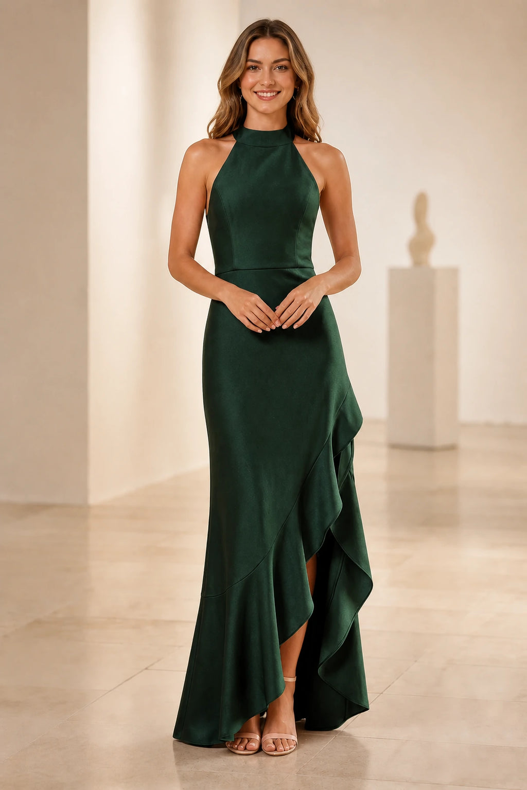 Soft Sheath Halter Sleeveless Open‑Back Ruffled Slit Long Bridesmaid Dress