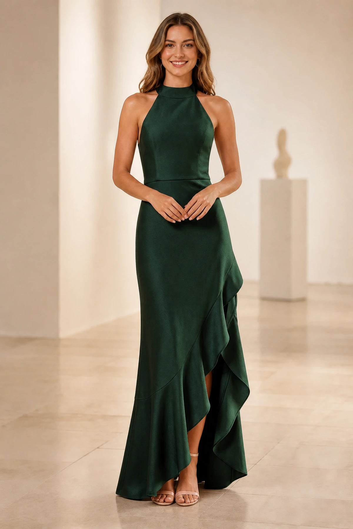Soft Sheath Halter Sleeveless Open‑Back Ruffled Slit Long Bridesmaid Dress