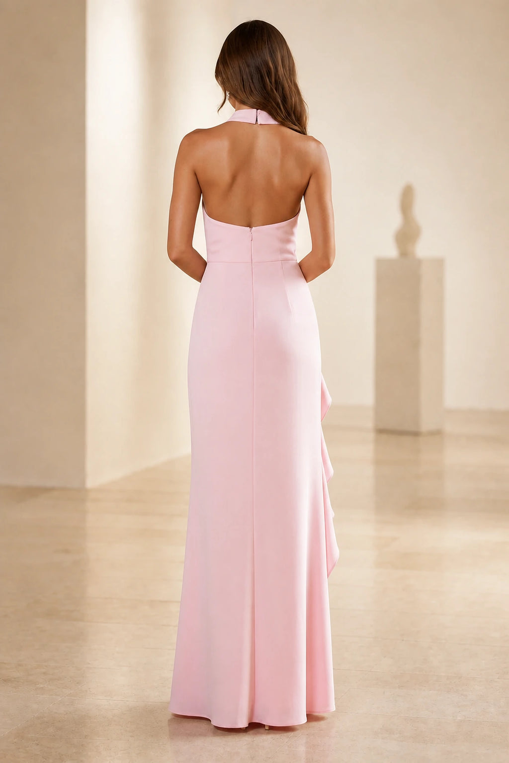 Graceprom pink bridesmaid dress open‑back halter neck zipper closure formal gown back view