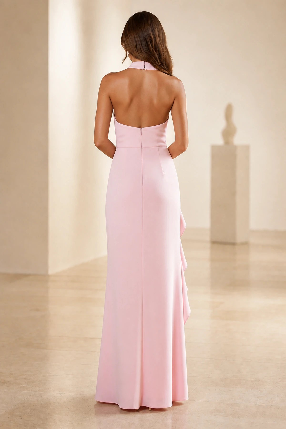 Graceprom pink bridesmaid dress open‑back halter neck zipper closure formal gown back view