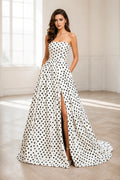 Graceprom white black polka‑dot strapless a‑line prom gown with side slit and side pockets