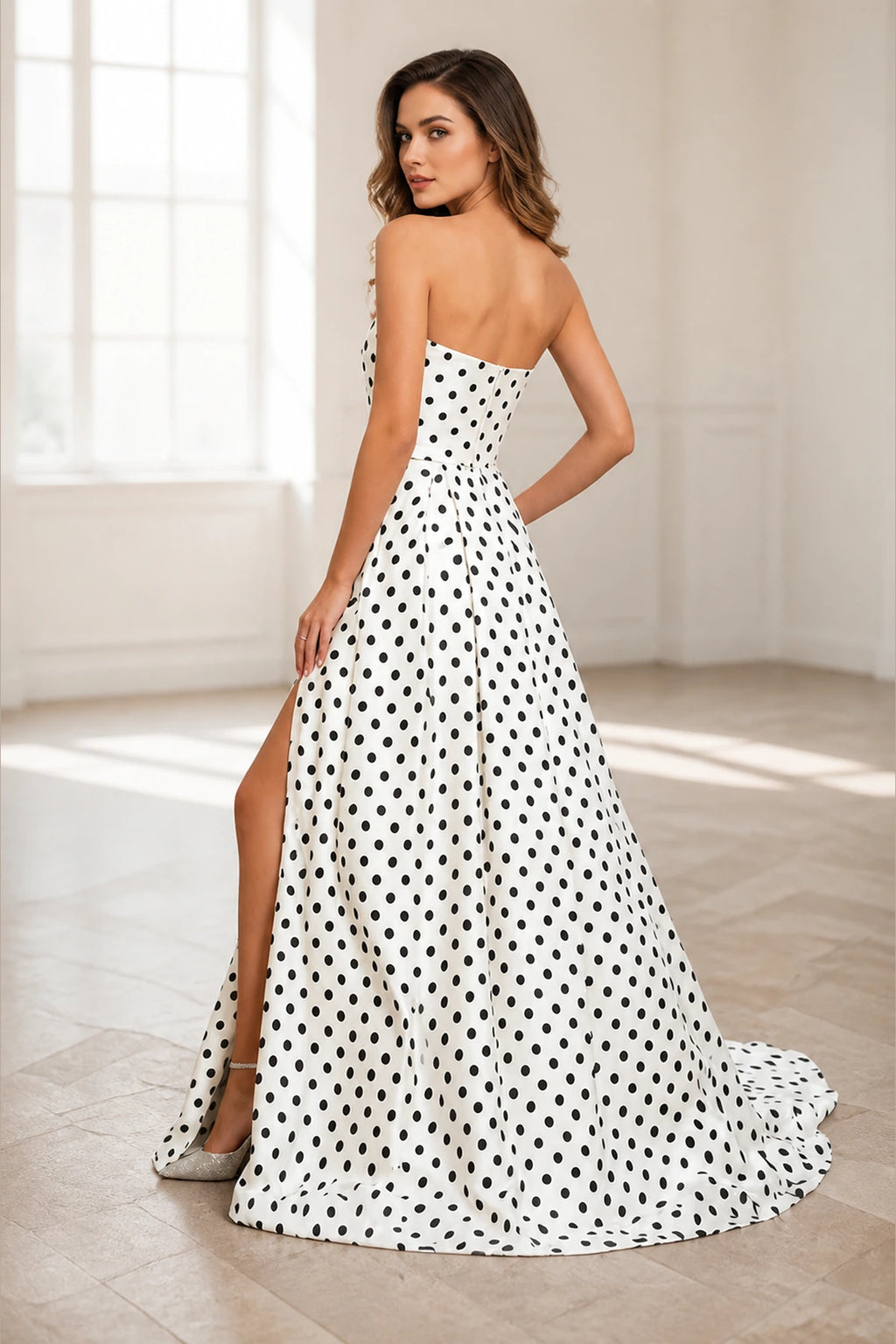 Back view Graceprom polka‑dot strapless a‑line formal dress with zipper back and sweep train