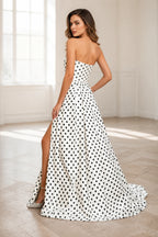 Back view Graceprom polka‑dot strapless a‑line formal dress with zipper back and sweep train