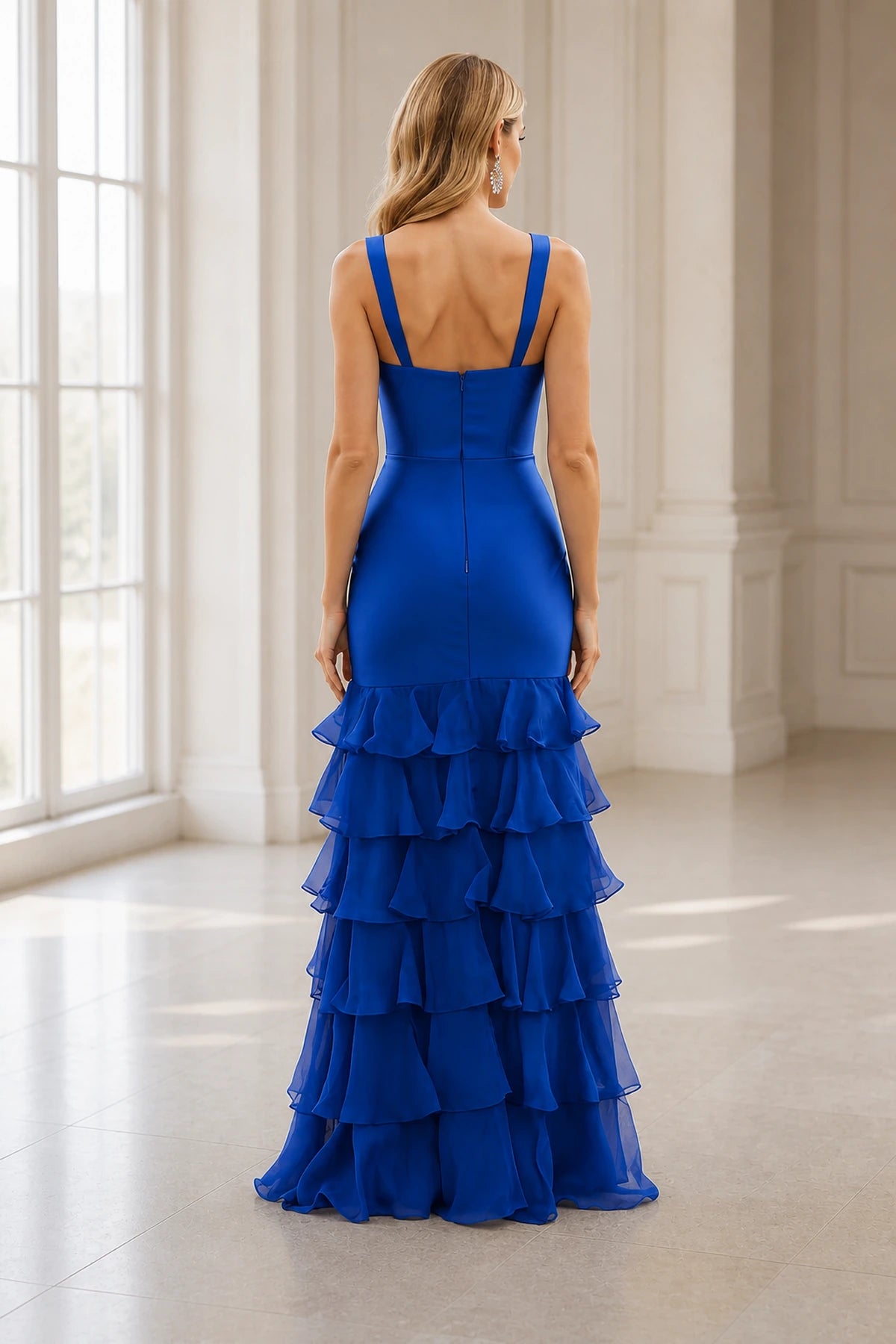 Graceprom vibrant blue prom dress zipper‑back tiered chiffon party gown back view