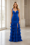 Graceprom royal blue tiered ruffle mermaid prom dress wide strap high slit formal evening gown front view