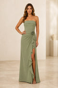 Graceprom sage green strapless bridesmaid dress 3d floral ruffle slit long gown front view