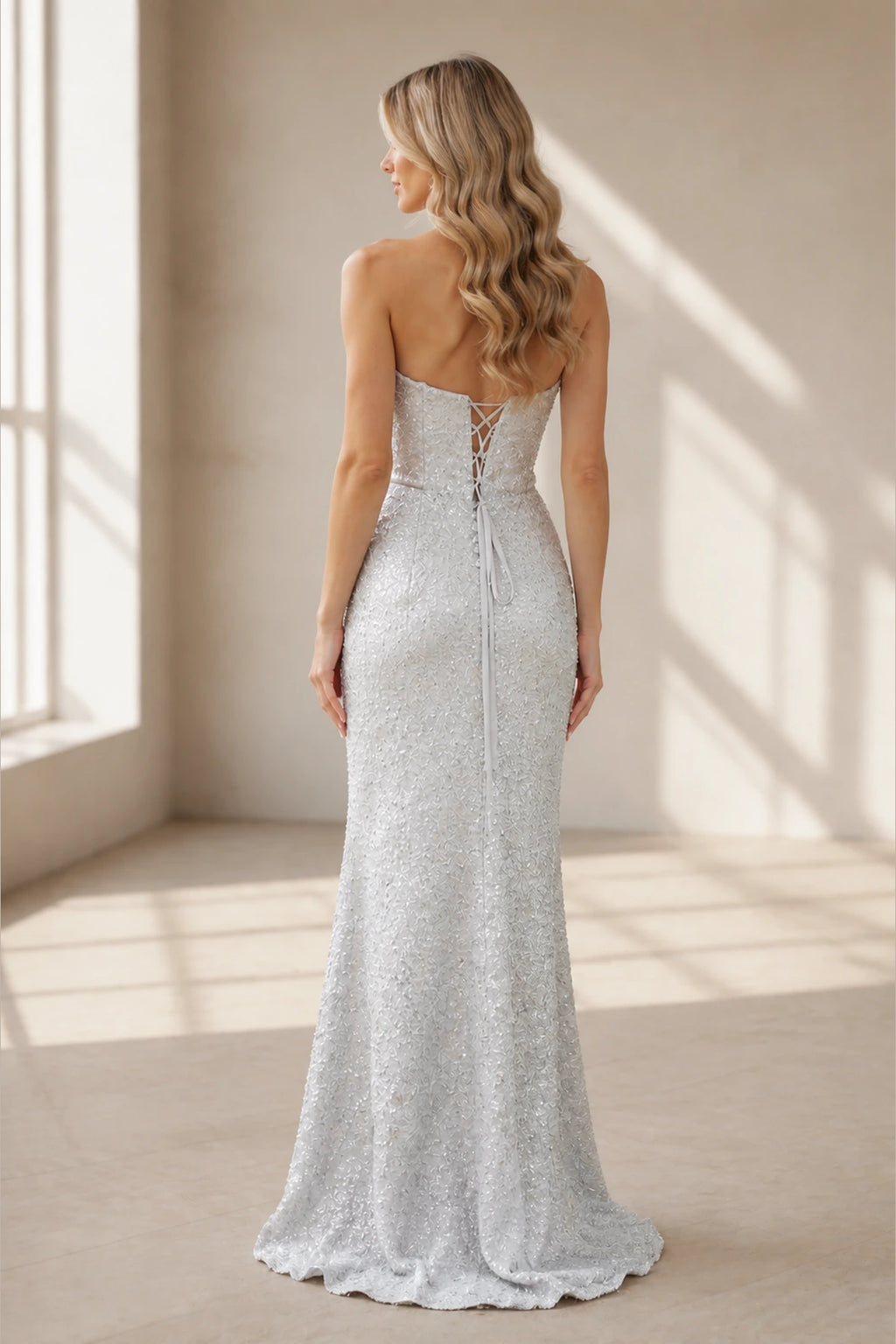 Sparkling Mermaid Strapless Sweetheart Sleeveless Lace‑Up Slit Train Long Prom Dress