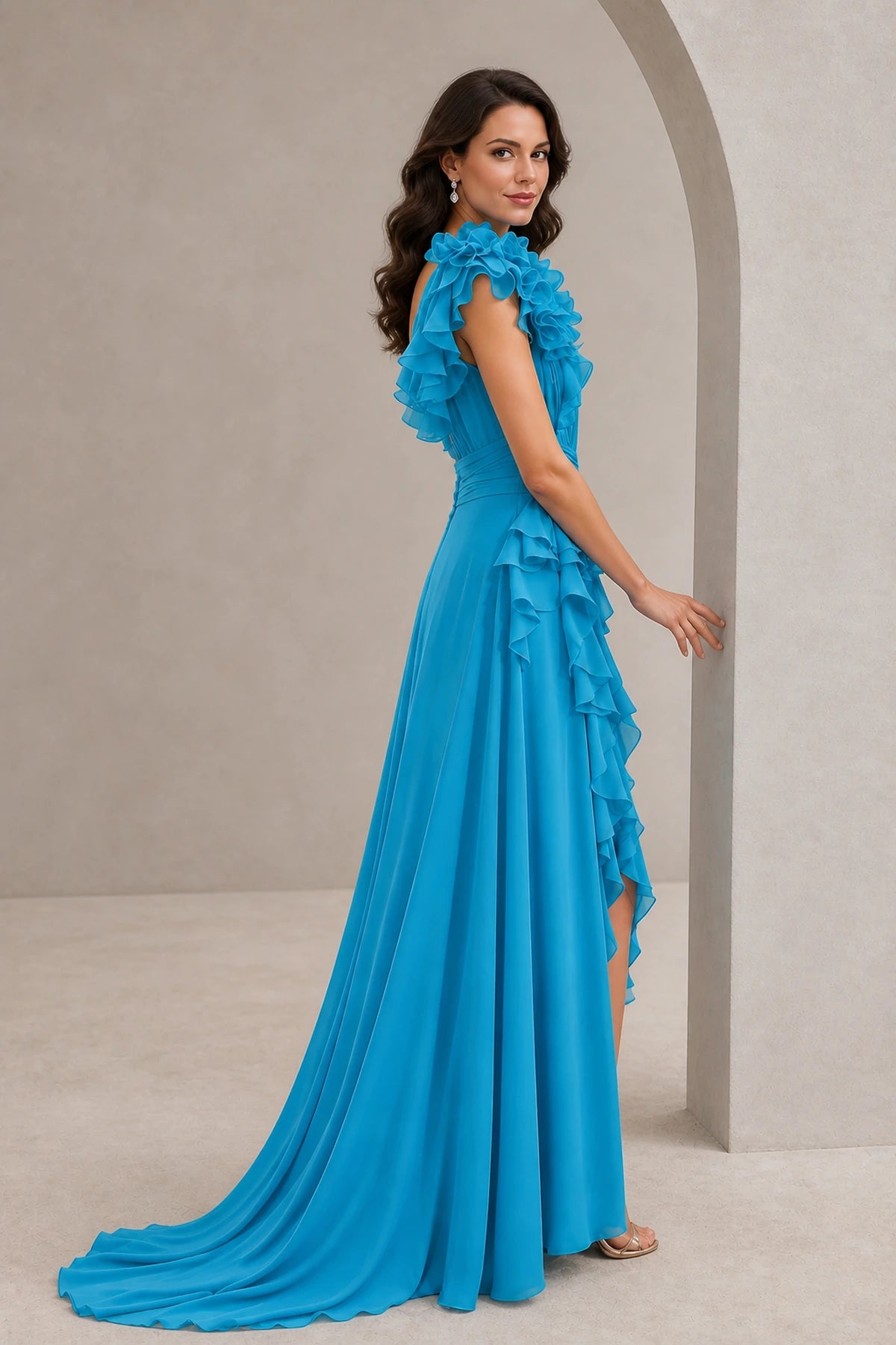 Graceprom one‑shoulder prom gown, back view with flowing chiffon train