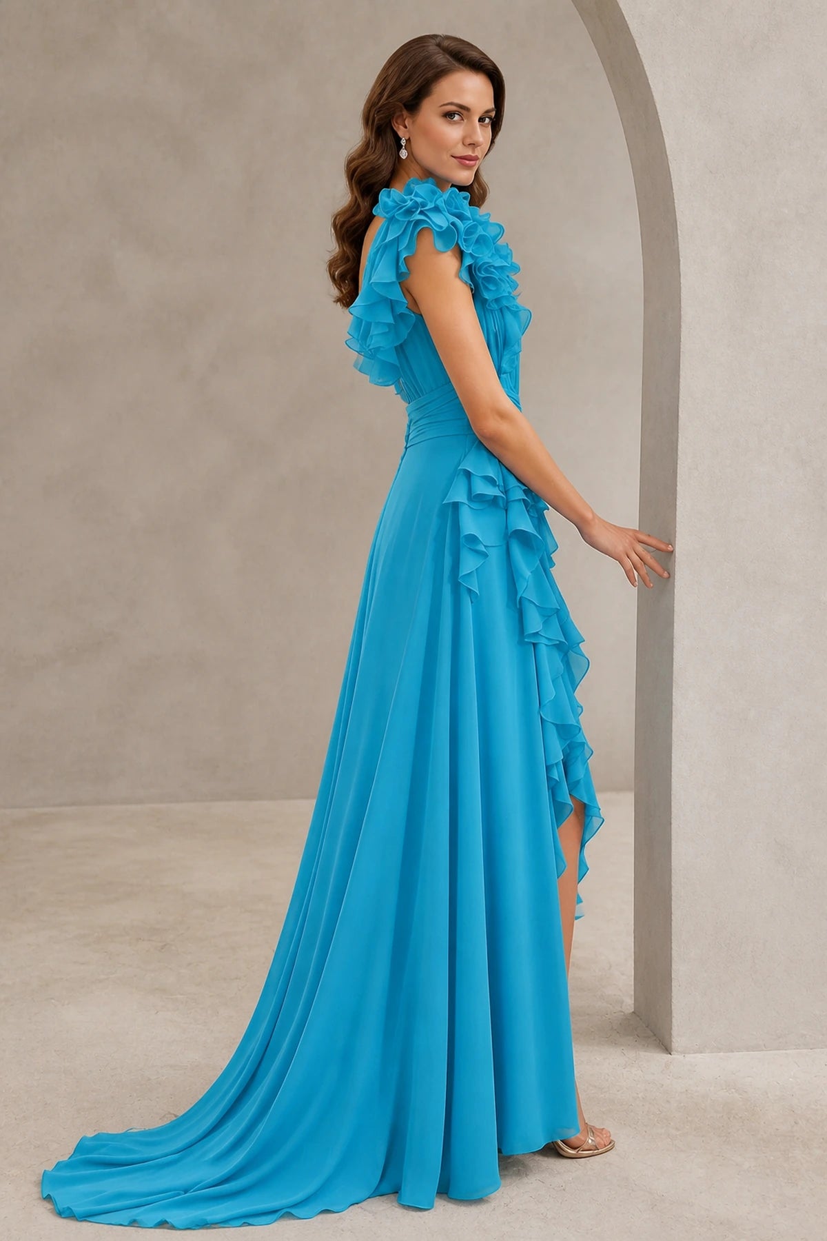 Turquoise One‑Shoulder Ruffled Chiffon Formal Prom Dress