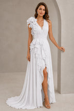 Turquoise One‑Shoulder Ruffled Chiffon Formal Prom Dress
