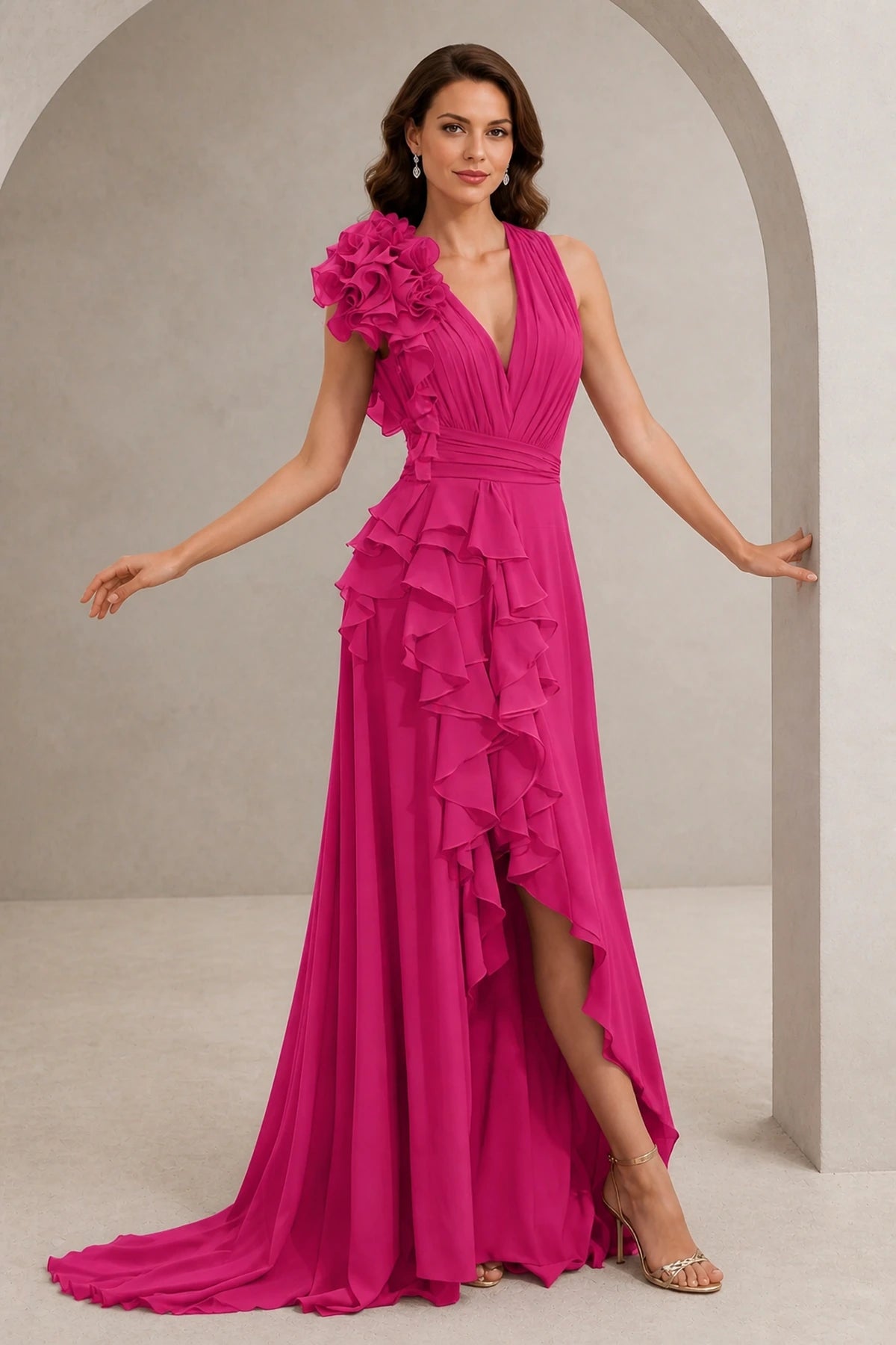 Turquoise One‑Shoulder Ruffled Chiffon Formal Prom Dress