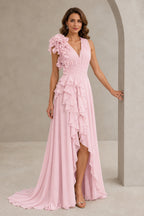 Turquoise One‑Shoulder Ruffled Chiffon Formal Prom Dress