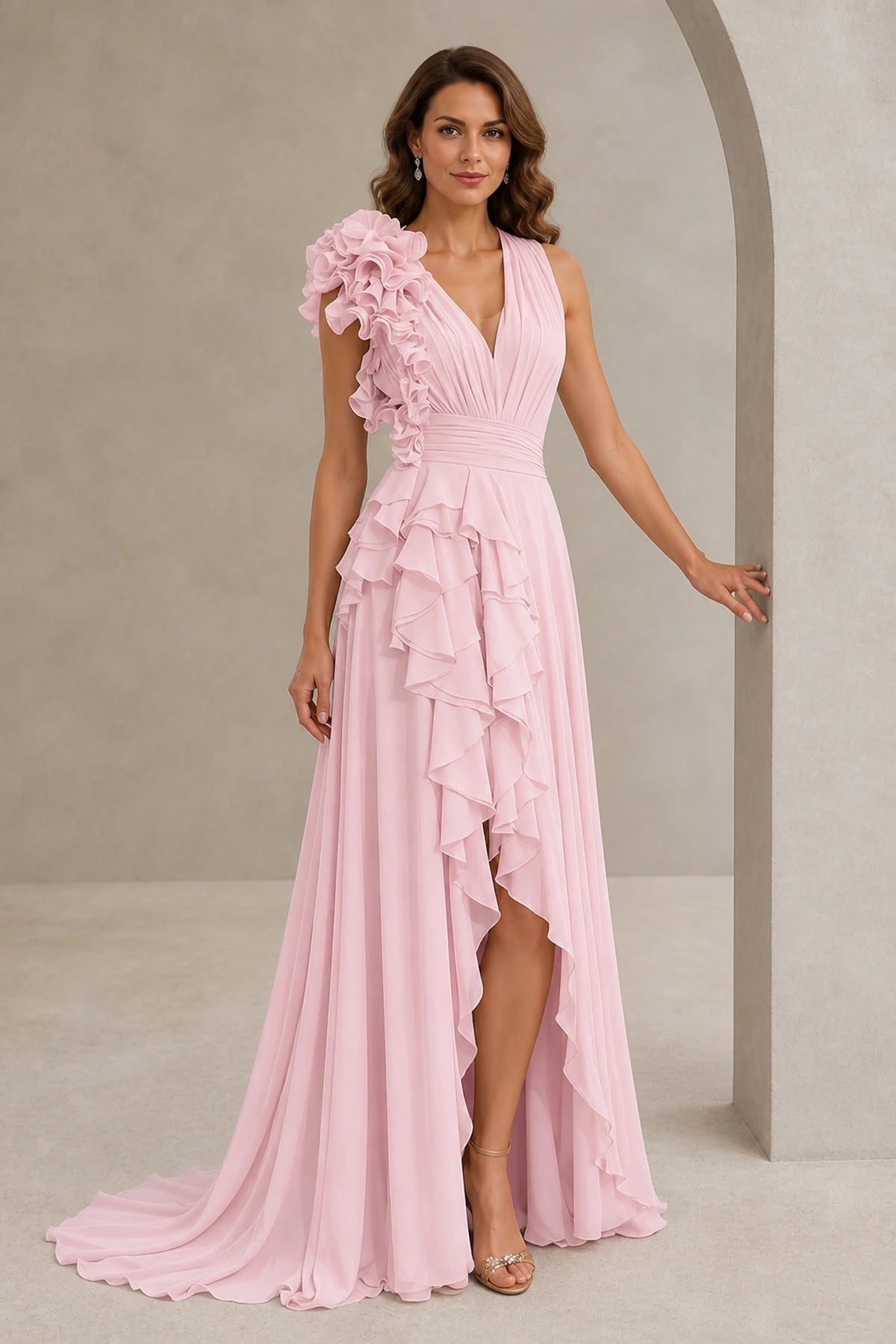 Turquoise One‑Shoulder Ruffled Chiffon Formal Prom Dress
