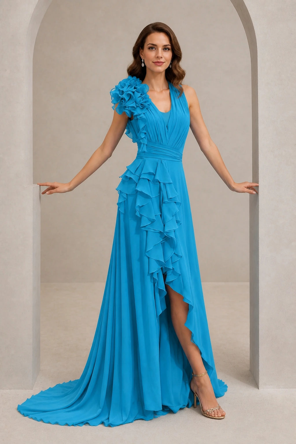 Graceprom turquoise one‑shoulder ruffled chiffon prom dress with high‑low slit, front view