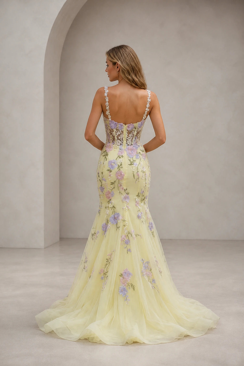 Graceprom colorful flower prom dress v‑back corset tulle formal party gown back view