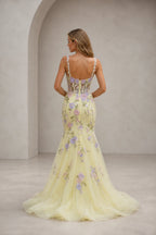 Graceprom colorful flower prom dress v‑back corset tulle formal party gown back view