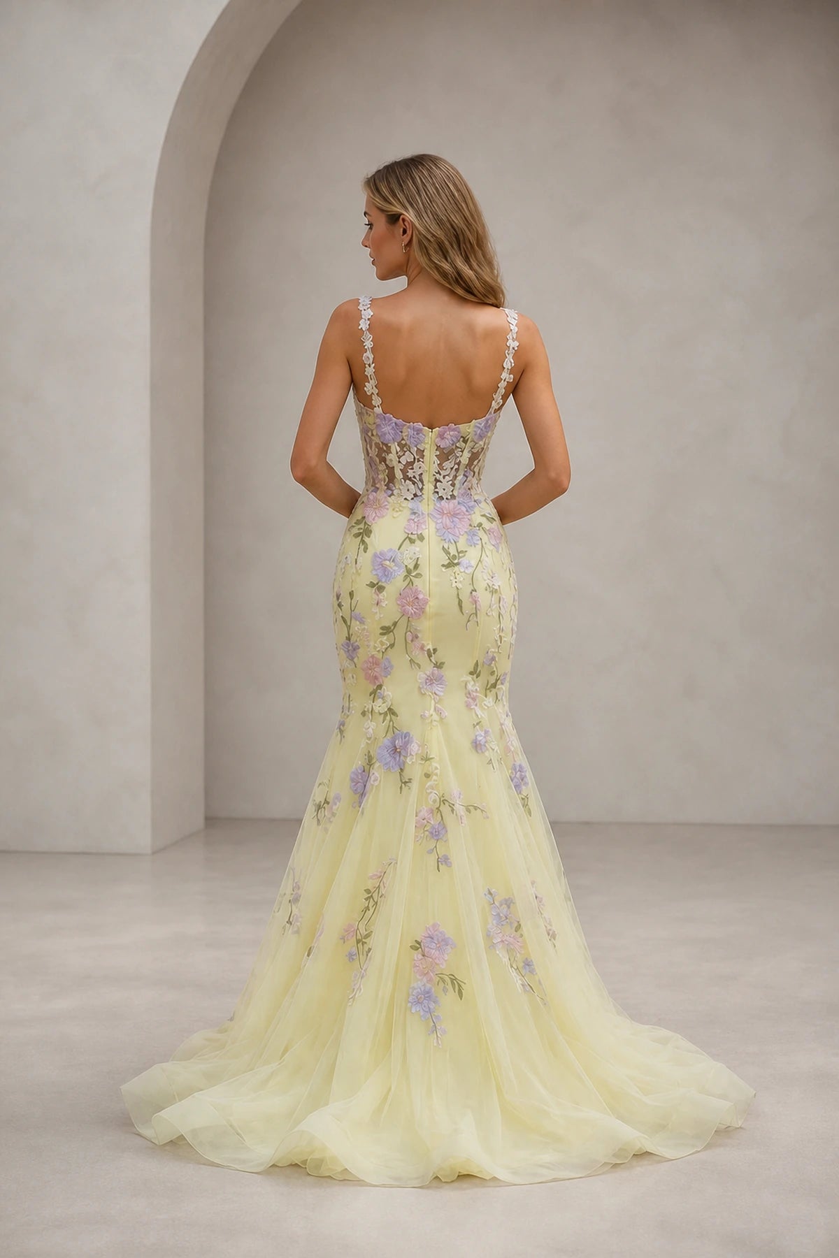 Graceprom colorful flower prom dress v‑back corset tulle formal party gown back view