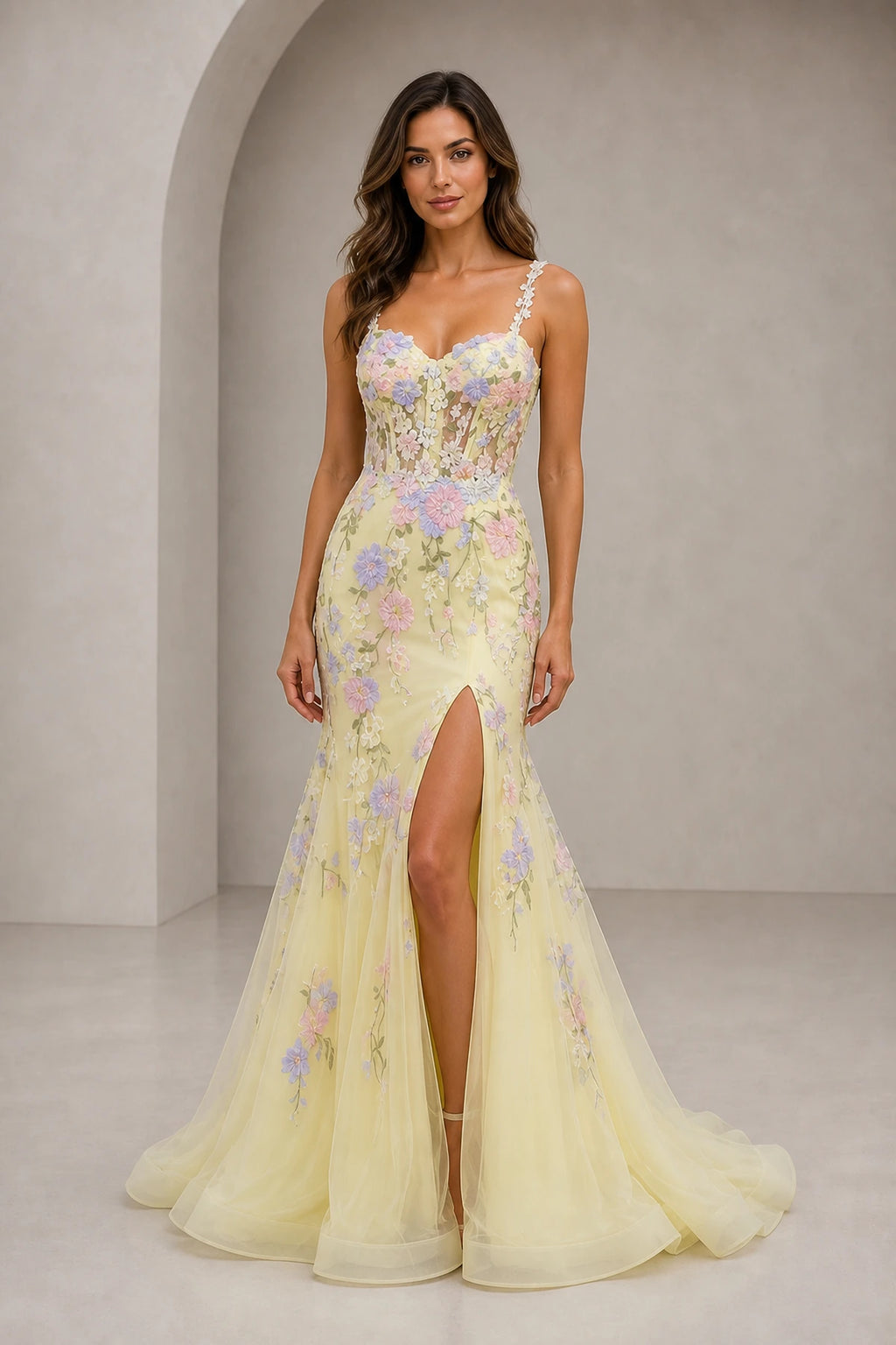 Graceprom yellow floral embroidered mermaid prom dress spaghetti strap high slit train evening gown front view
