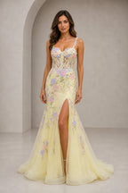 Graceprom yellow floral embroidered mermaid prom dress spaghetti strap high slit train evening gown front view