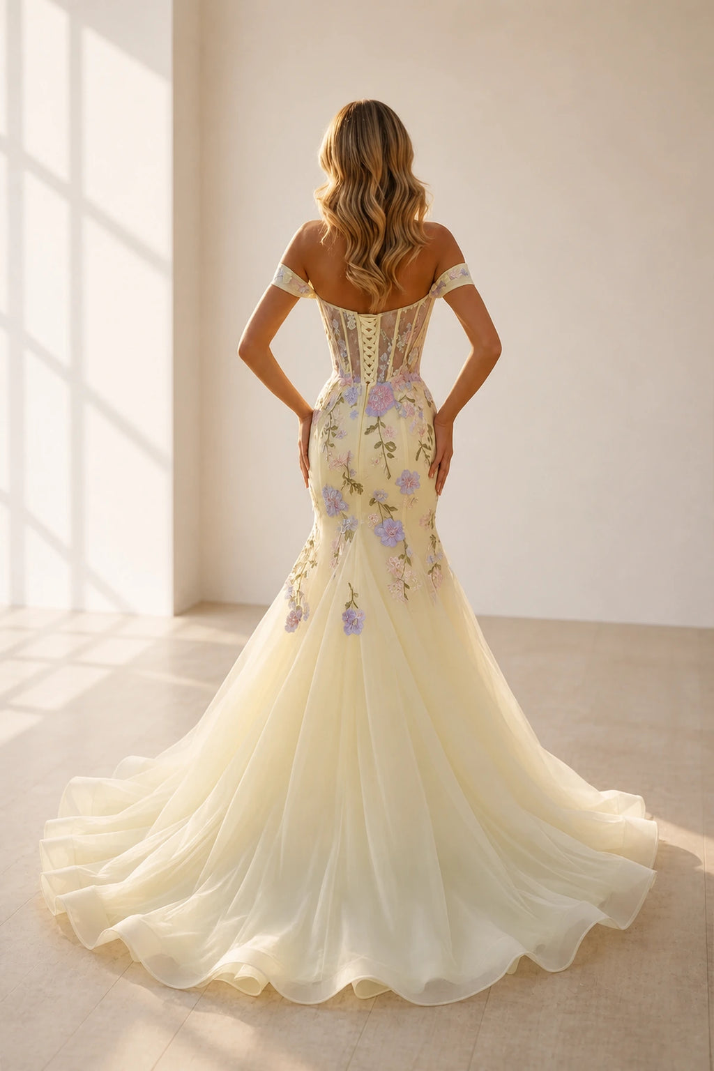 Graceprom colorful flower prom dress lace‑up corset back tulle formal party gown back view