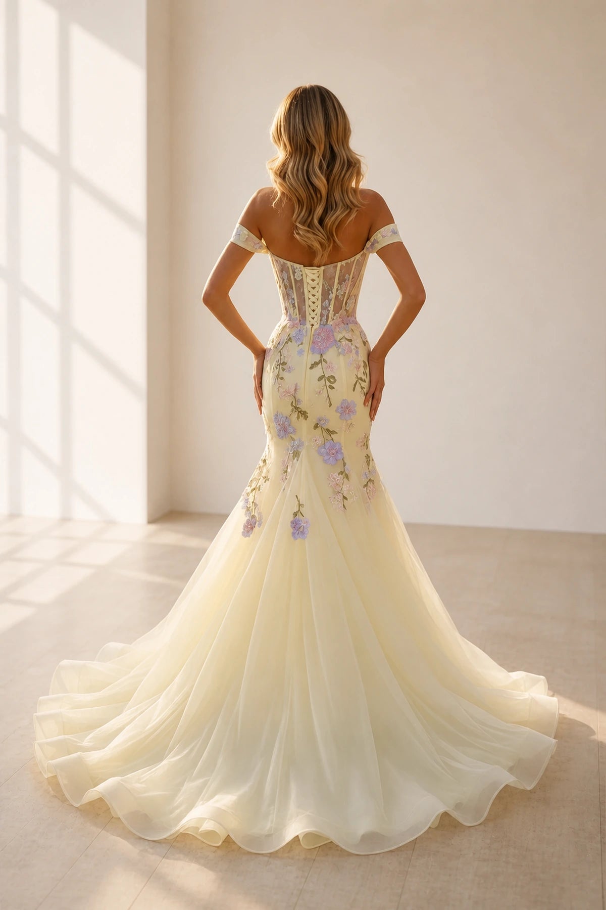 Graceprom colorful flower prom dress lace‑up corset back tulle formal party gown back view