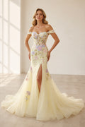 Graceprom yellow floral embroidered off‑the‑shoulder mermaid prom dress high slit train evening gown front view
