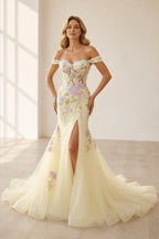 Graceprom yellow floral embroidered off‑the‑shoulder mermaid prom dress high slit train evening gown front view