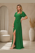 Green A-line V-neck flutter sleeve long bridesmaid dress with front slit and closed back, front and back view by Vedress