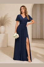 Elegant A-Line V-Neck Flutter Sleeve Closed-Back Long Bridesmaid Dress