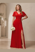 Elegant A-Line V-Neck Flutter Sleeve Closed-Back Long Bridesmaid Dress