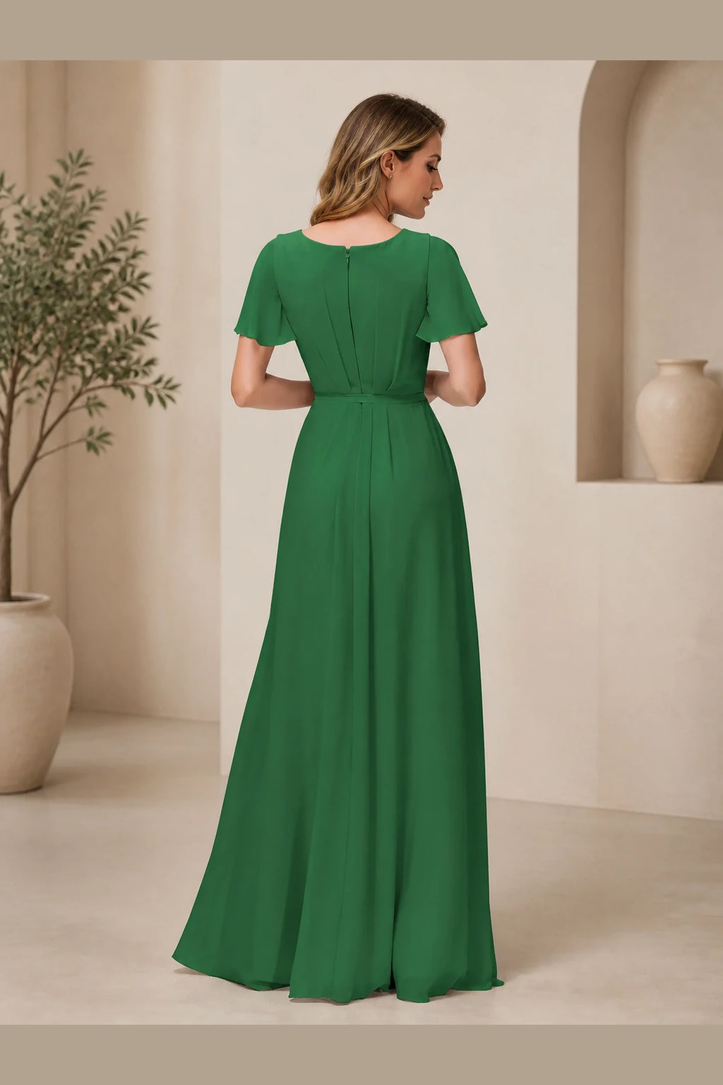 Green A-line V-neck flutter sleeve long bridesmaid dress with front slit and closed back, front and back view by Vedress