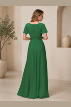 Green A-line V-neck flutter sleeve long bridesmaid dress with front slit and closed back, front and back view by Vedress