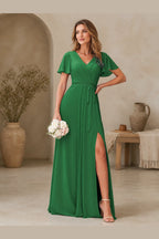 Elegant A-Line V-Neck Flutter Sleeve Closed-Back Long Bridesmaid Dress