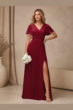 Elegant A-Line V-Neck Flutter Sleeve Closed-Back Long Bridesmaid Dress