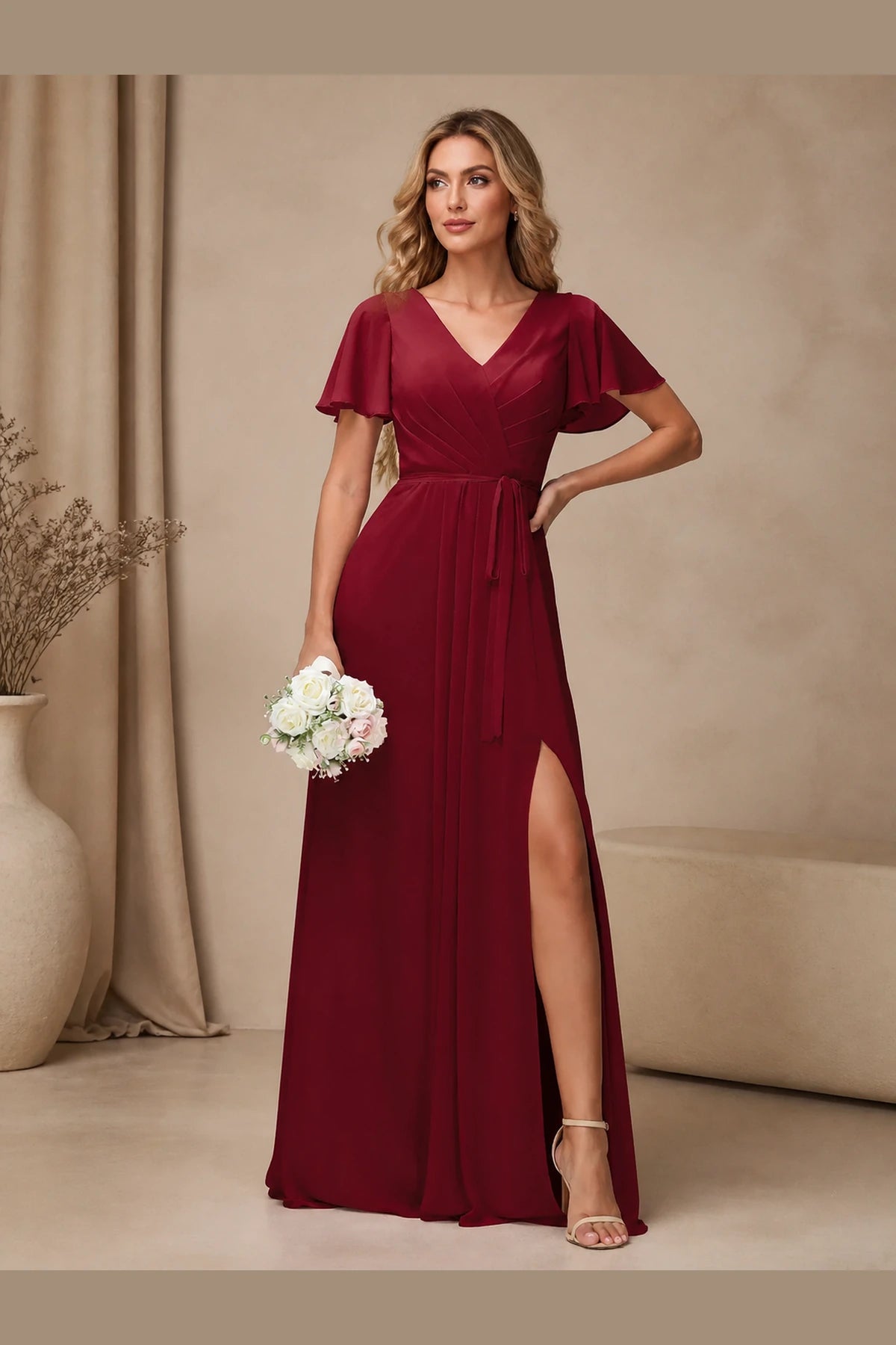 Elegant A-Line V-Neck Flutter Sleeve Closed-Back Long Bridesmaid Dress