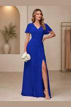 Elegant A-Line V-Neck Flutter Sleeve Closed-Back Long Bridesmaid Dress