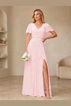 Elegant A-Line V-Neck Flutter Sleeve Closed-Back Long Bridesmaid Dress