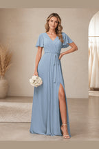 Elegant A-Line V-Neck Flutter Sleeve Closed-Back Long Bridesmaid Dress