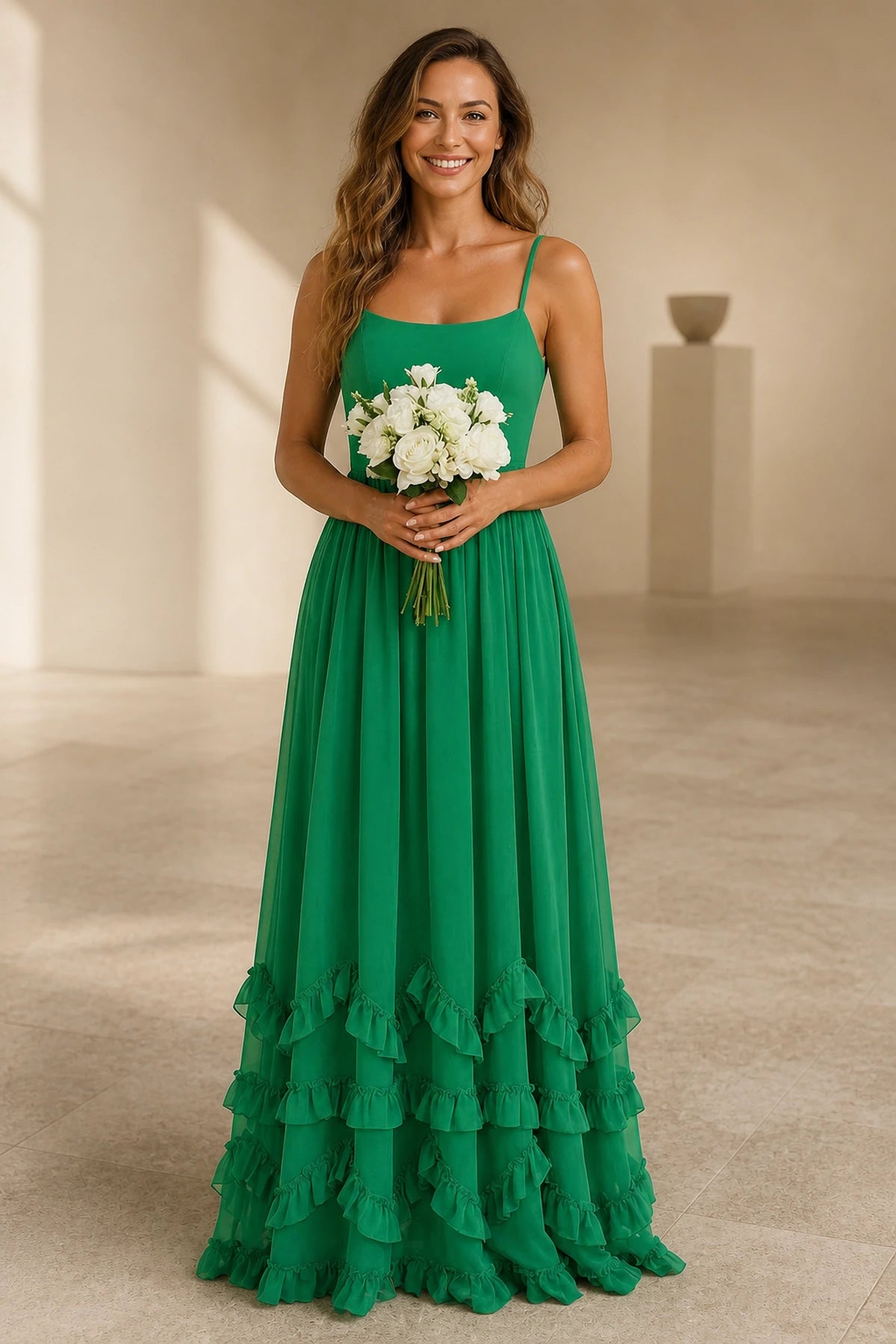 green-ruffle-spaghetti-strap-bridesmaid-dress-front.webp