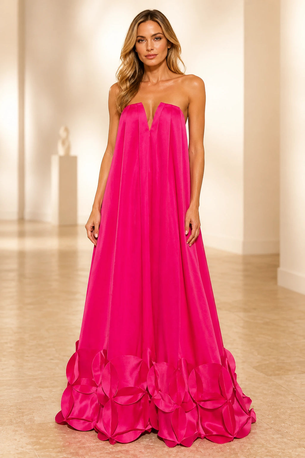 Hot pink strapless evening dress with plunging neckline, flowing A-line silhouette and oversized floral hem detail