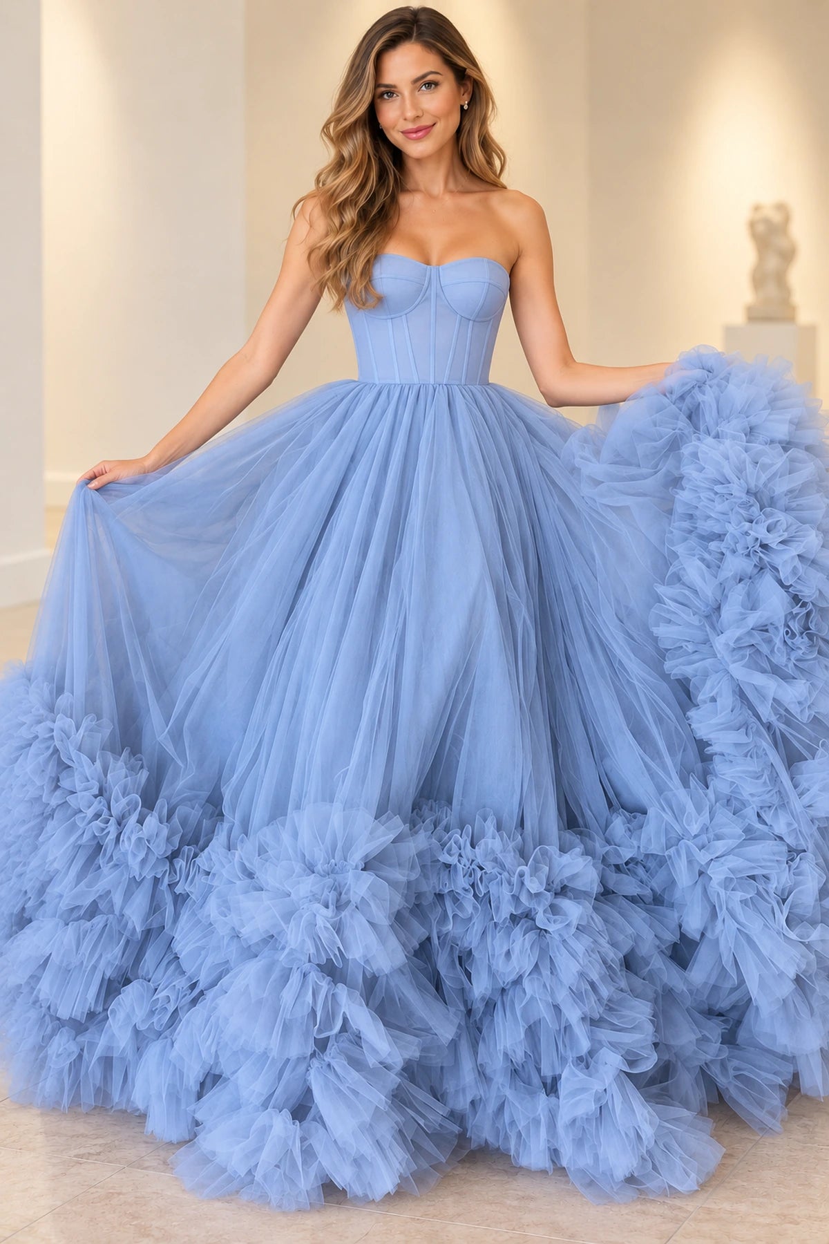 Romantic Tulle A-Line Sweetheart Strapless Floor-Length Ruffle Prom Dress
