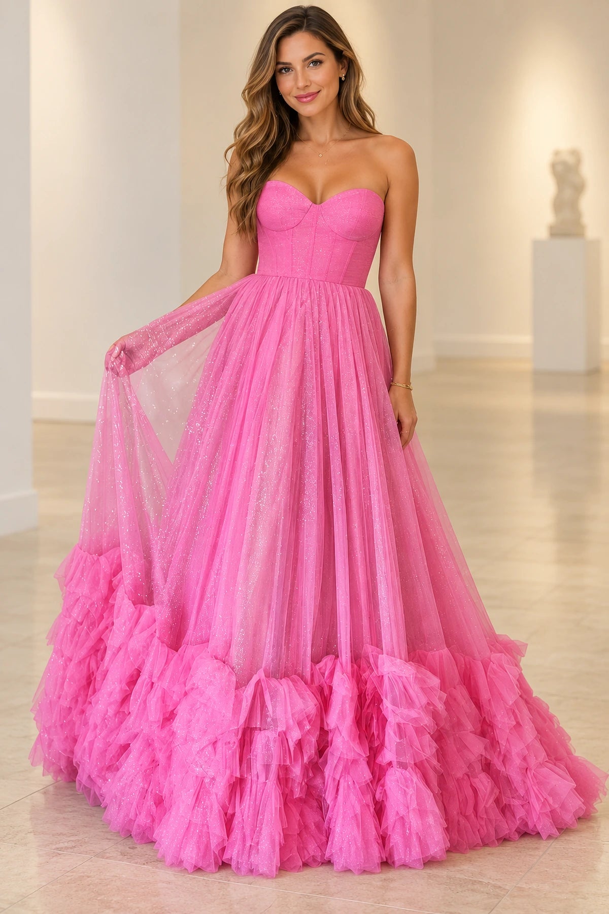 Romantic Tulle A-Line Sweetheart Strapless Floor-Length Ruffle Prom Dress