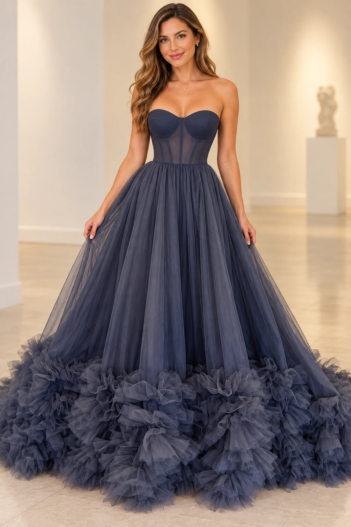 Romantic Tulle A-Line Sweetheart Strapless Floor-Length Ruffle Prom Dress