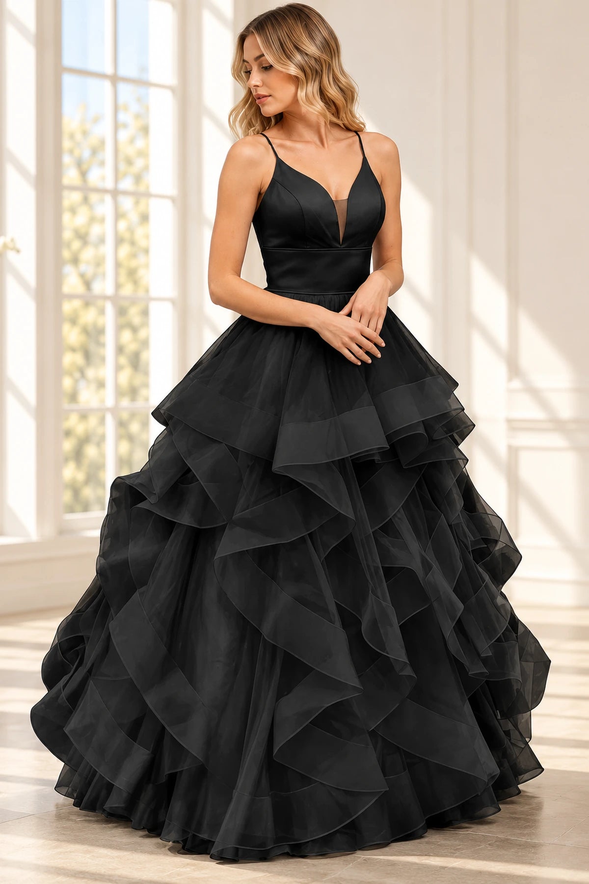 Romantic Tulle Ball Gown V-Neck Sleeveless Floor-Length Ruffle Prom Dress