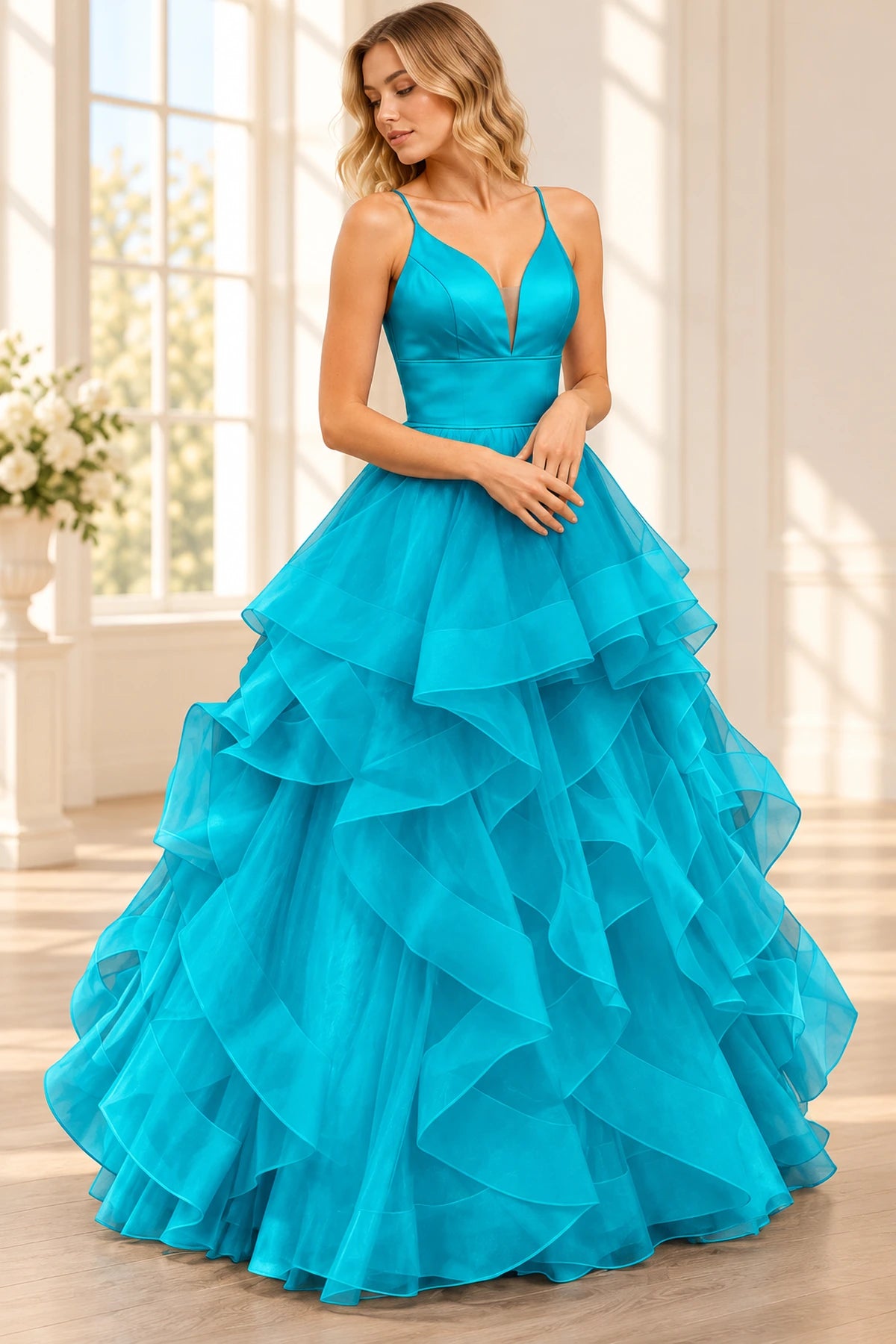 Romantic Tulle Ball Gown V-Neck Sleeveless Floor-Length Ruffle Prom Dress