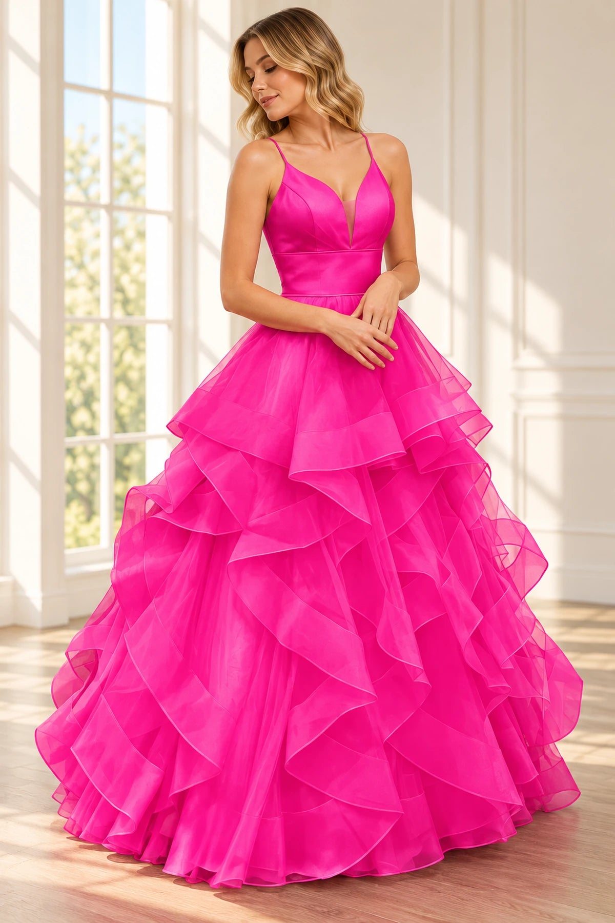 Hot pink ball gown prom dress featuring a plunging V-neckline, spaghetti straps, fitted satin-look bodice, and dramatic cascading sheer ruffles by Graceprom.